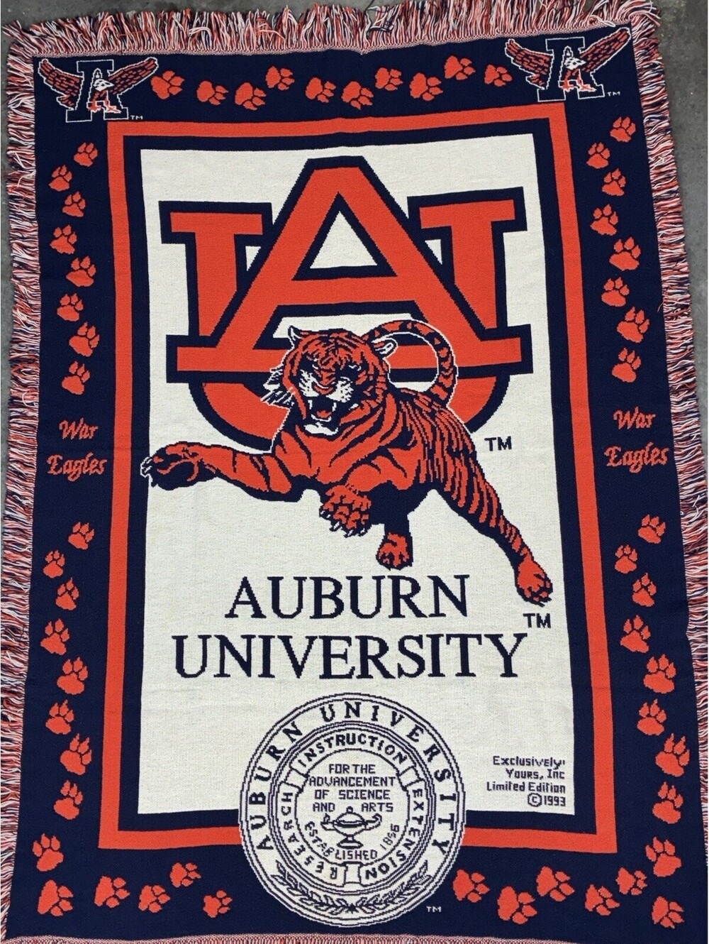 VTG 1993 Auburn University Blanket Throw Undefeated Terry Bowden War Eagle